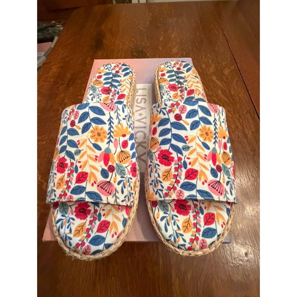 Lisa Vicky Smile2-V Floral Platform Espadrille Slide Sandals Size 8